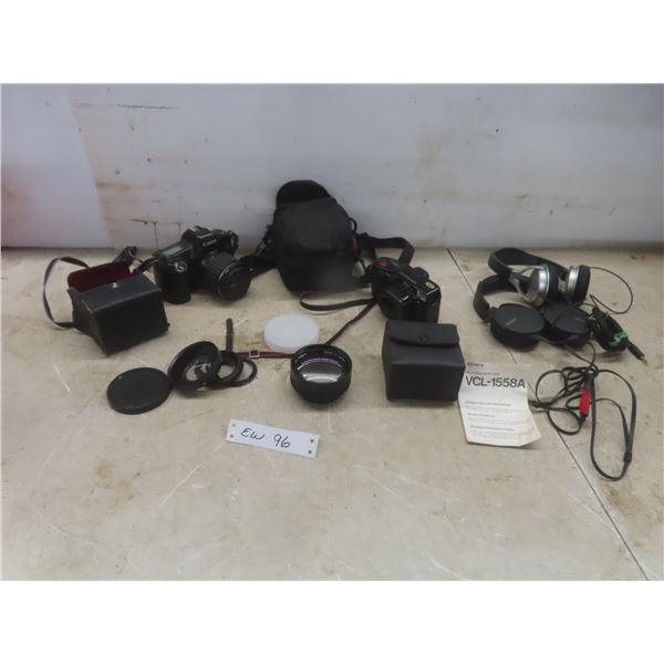 Canon Camera With Case, Sony Lens, Plus Two Sets of Headphones