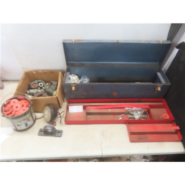 Bench Tool Box With Drill Bits, Plumbing Fittings, and Grolsch Gaskets