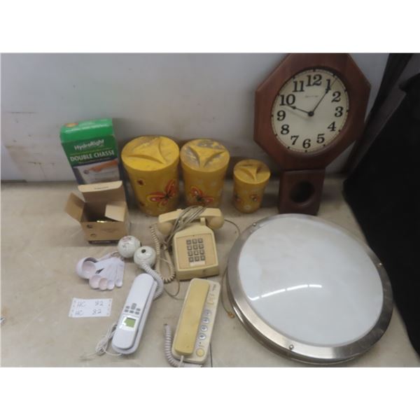 Household Lot With Canister Set, Clock, and Telephones