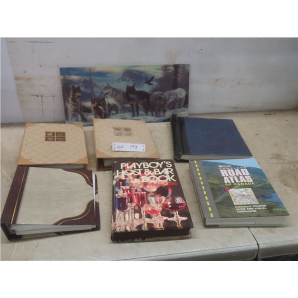 3D Style Wolf Picture Four Photo / Card Albums, Reader's Digest Road Atlas, and Playboy's 