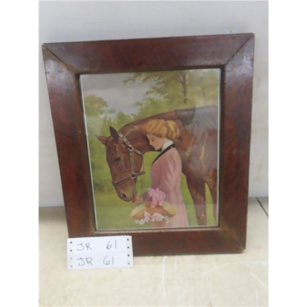 1911 Antique Colour Print of Lady and Horse in Original Tiger Oak Frame 13 1/2" x 12"