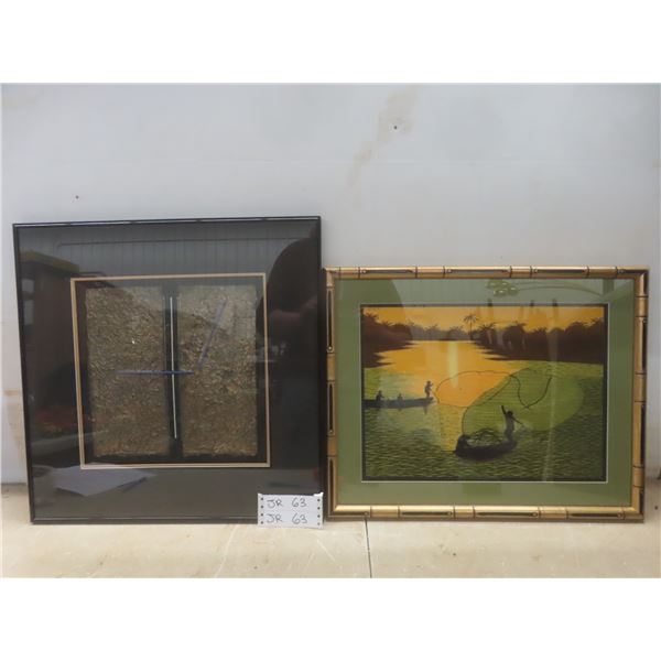 Finely Embroidered Framed Fishing Scene Plus Mixed Media Abstract Work