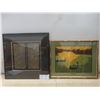 Image 1 : Finely Embroidered Framed Fishing Scene Plus Mixed Media Abstract Work