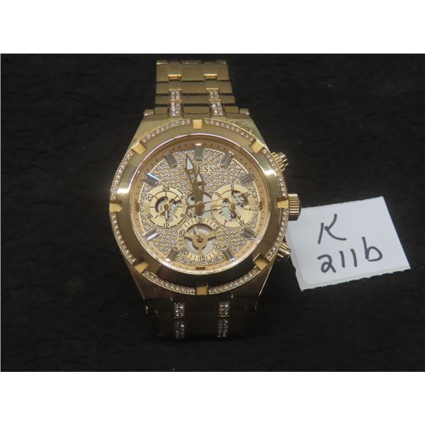 Guess Gents Continental Gold Tone Rhinestone Multifunction Watch
