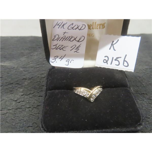 14K Gold and Diamond Ring, Size 7 1/2, Total Weight 3.4 Grams