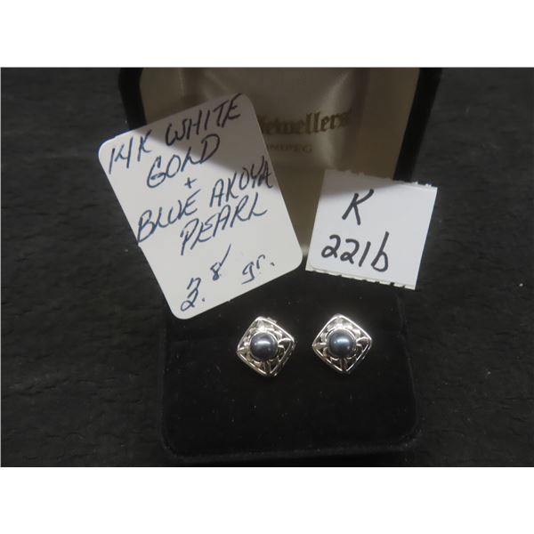 14K White Gold and Blue Akoya Pearl Stud Earrings, Total Weight 3.8 Grams