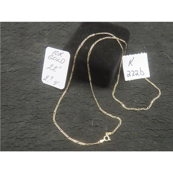 10K Gold 22" Chain, Total Weight 2.7 Grams