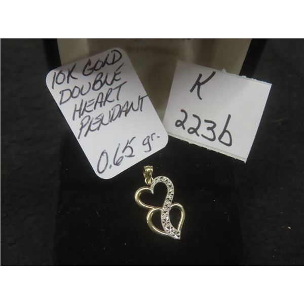 10K Gold Double Heart Pendant, Total Weight 0.65 Grams