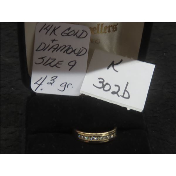14K Gold and Diamond Ring, Size 9, Total Weight 4.3 Grams