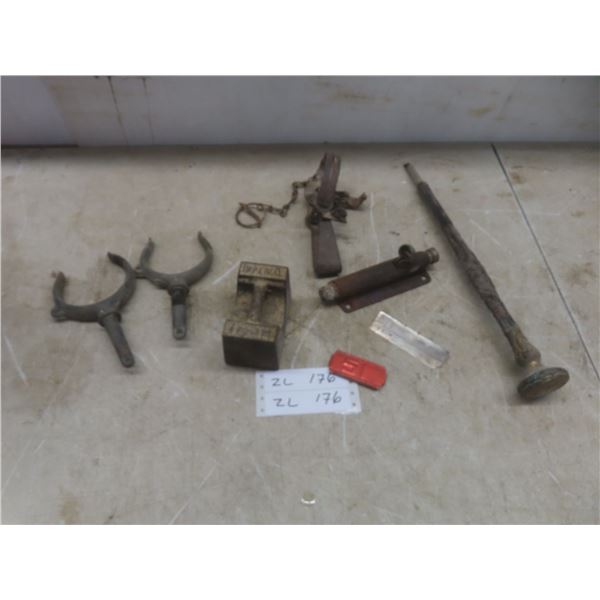 Pair of Vintage Galvanized Steel Boat Oarlocks With Imperial Four Pound Weight, Spring Strap, and M