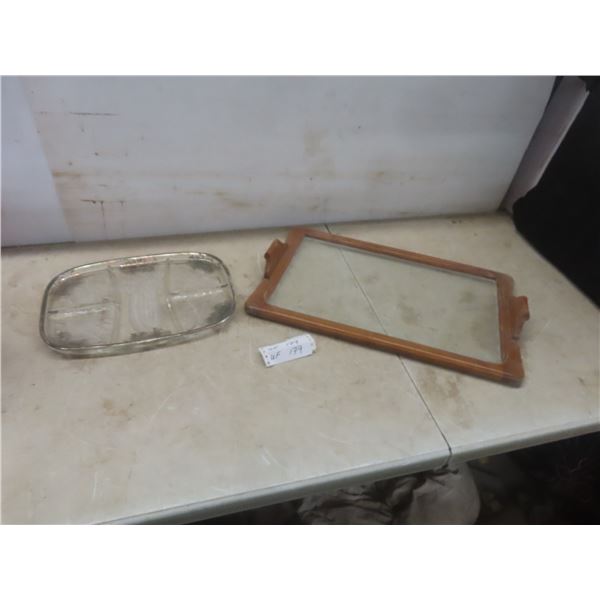 Glass and Wood Serving Tray and Vintage Poole Silver Plate Appetizer Tray With Frosted Design
