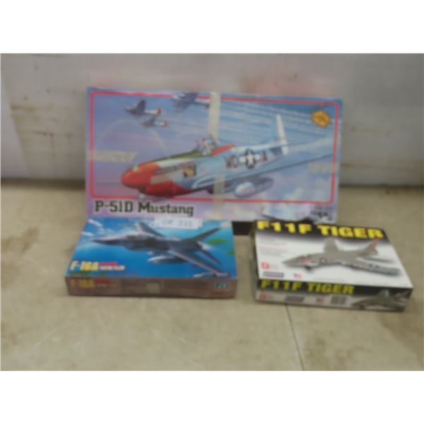 Three Aurora Model Aircraft Kits Including P-510 Mustang 1/24 Scale, F11F Tiger 1/48 Scale, and F-1