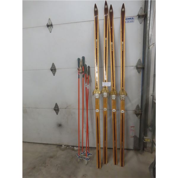 Two Sets of Bonna Wood Skis, 205 cm and 210 cm, With Poles