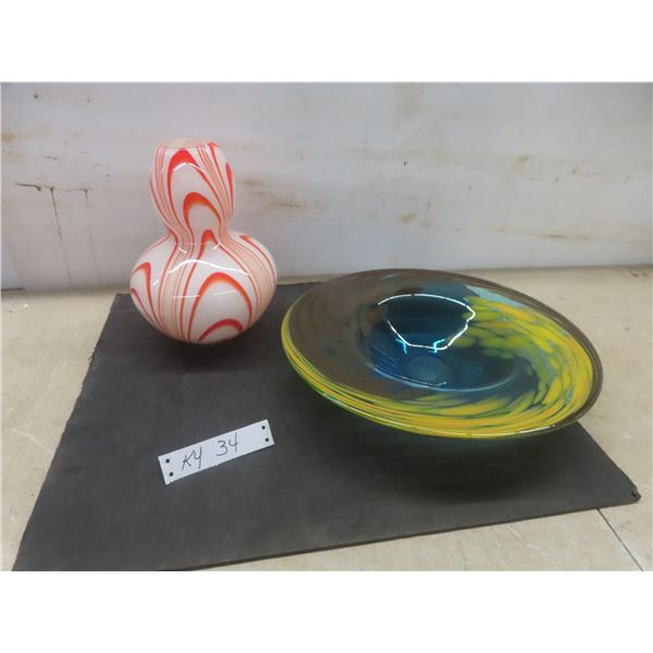 Murano Style Art Glass - Funky 10" Vase x 14" at Base, Large Shallow 14" Bowl - Mint!