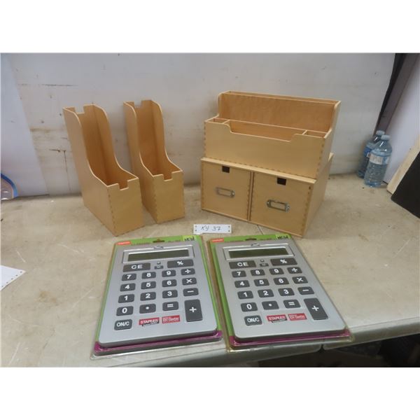Four-Piece Dovetailed Wood Office Set Plus Two Calculators