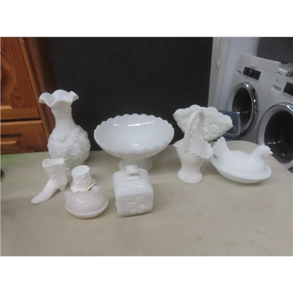 Nine Pieces of Milk Glass Including Hogan Vase, Fenton Boot and Top Hat, Indiana Glass Hen on Nest,
