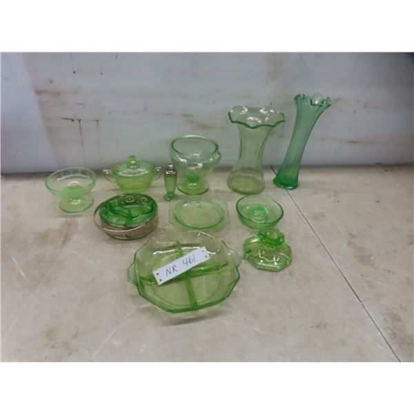 Green Depression Glass Including Sugar Bowl, Vases, Candle Holders, and More