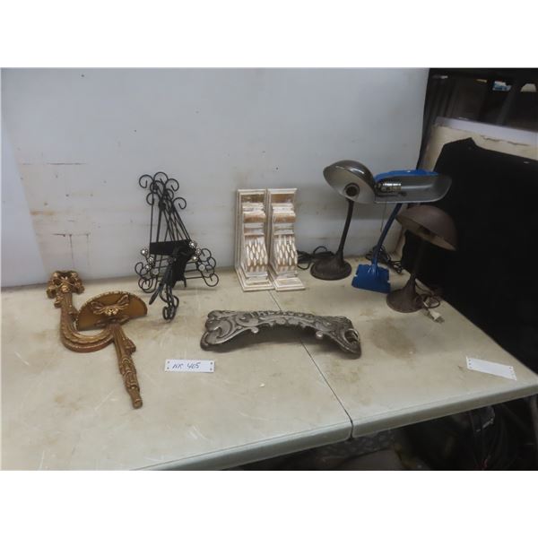 Vintage Desk Lamps, Cast Stove Trim, Plate Display Stands, and Shelf Brackets