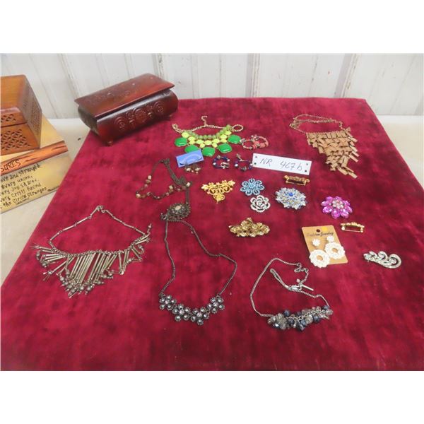 Fashion and Vintage Jewelry Including Brooches, Necklaces, and Wood Jewelry Case