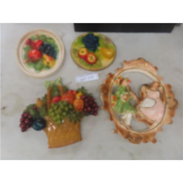 Four-Piece Vintage Chalkware Lot Including Fruit Wall Plaque, Fruit Basket, and Courting Couple