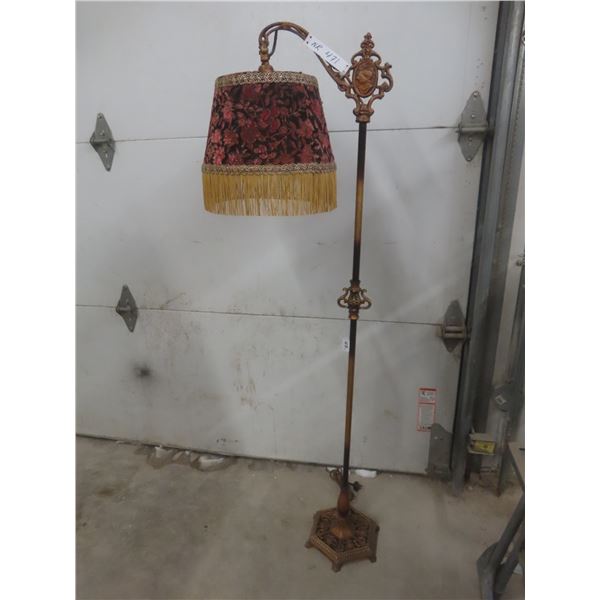 Antique Bridge Arm Brass Floor Lamp With Velvet Floral Lampshade, Approximately 58 Inches Tall