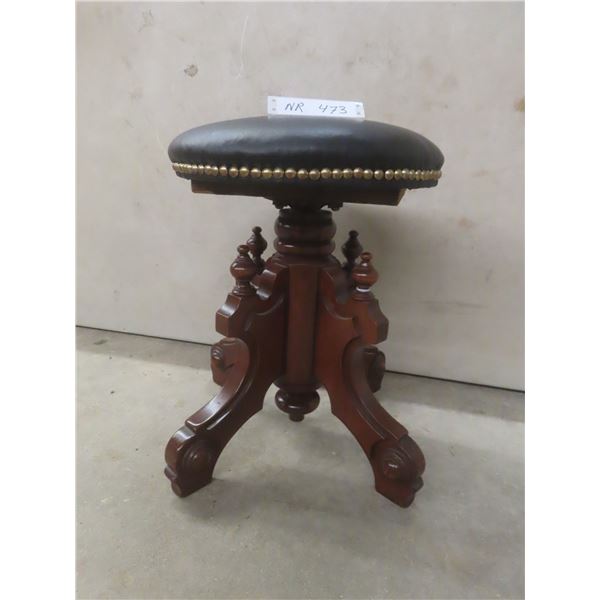 Antique Adjustable Victorian-Style Wood Revolving Piano Stool With Black Leather-Style Seat and Bra