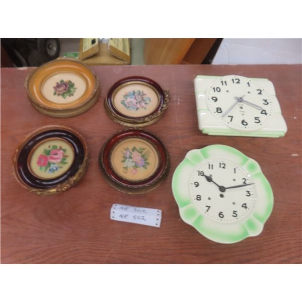 Four Framed Petit Point Pieces, Largest Approximately Diameter, and Two Vintage Art Deco Ceramic Ki