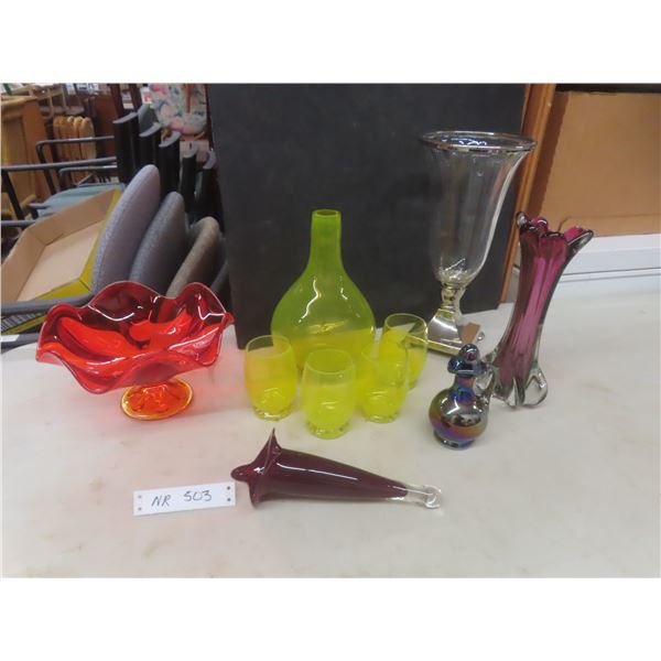Art Deco Glass Lot Including Vases, Decanter With Four Matching Glasses, and Pedestal Fruit Bowl