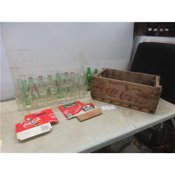 Coca-Cola Crate, 24 Soda Bottles, Two Trays, and Two Cardboard Carriers, 8 1/2 x 20 x 12