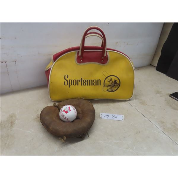 Vintage Sportsman Duffel Bag With Spalding Trapper and Goldeyes Baseball, Zipper Broken on Bag