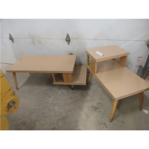 Mid-Century Modern Blonde Step-Up Coffee Table,, With Matching End Table