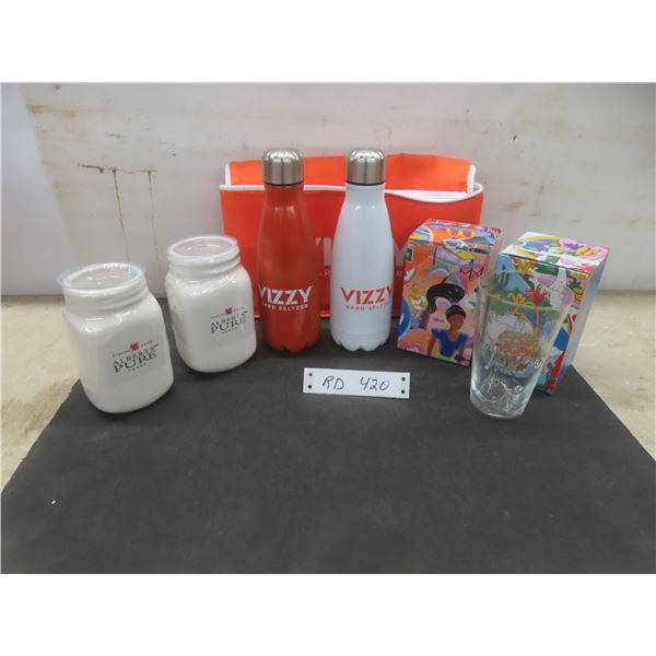 Two Vizzy Seltzer Bottles With Matching Cooler Pouch, Two Collectible McDonald's Glasses With Boxes