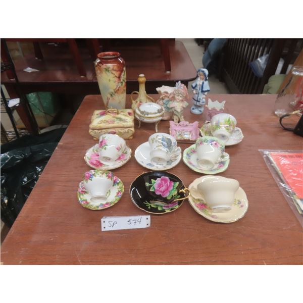 7 Cups and Saucers Including Royal Albert, Royal Grafton, Foley, Covered Trinket Box, Vase, and Mor