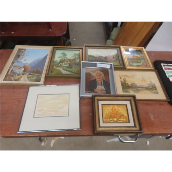 Eight Hand-Painted Pictures, Various Artists, Largest 17 1/2 x 13 1/2, Includes One Numbered Print