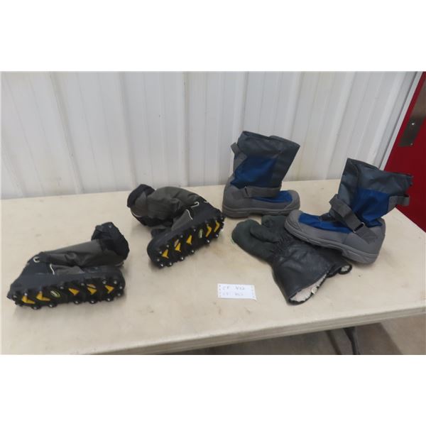 Two New Pairs of Gripper Winter Boots, Both Measure 11", and Pair of Mittens