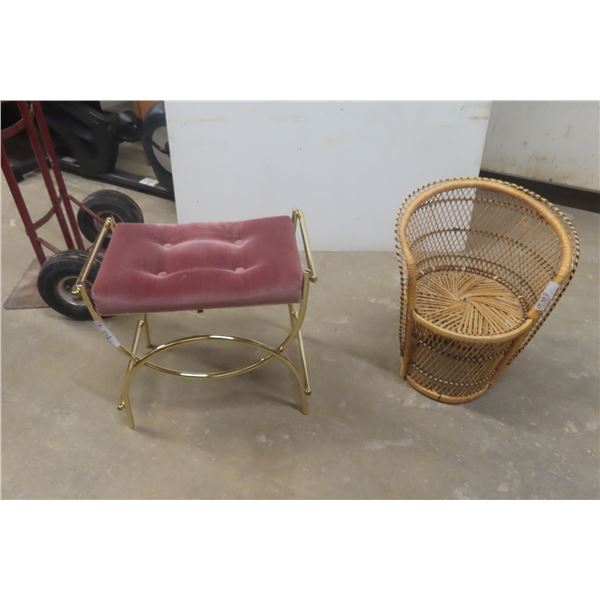 Vanity Stool and Youth Fan Back Wicker Chair