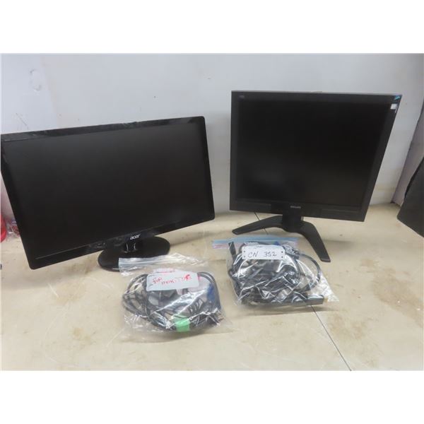 Two Monitors With Power Cords, Philips 19" and Acer LCD 23", Both Work