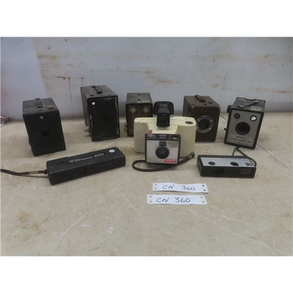 Vintage Cameras: Kodak Warwick No. 2 Box, Polaroid Swinger Model 20, Ansco Shur-Shot Jr. Box, and M
