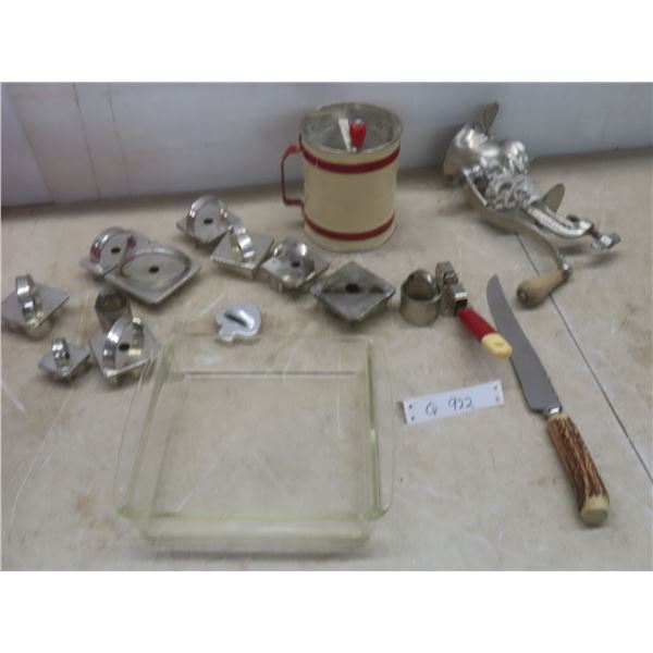 Vintage Cookie Cutters, Knife Sharpener, Sifter, Pyrex Square Pan, Meat Grinder