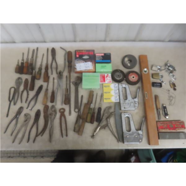 Vintage Tool Lot Including Pocket Knife, Staplers, Level, and More