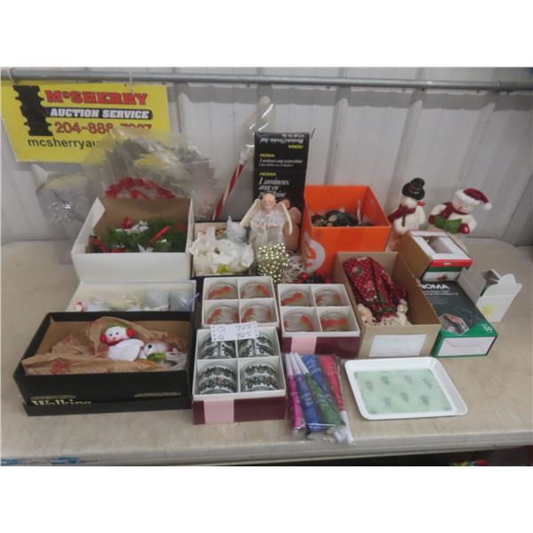 Christmas Lot Including Lights, Tree Toppers, Glasses, and More