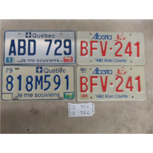 Set of 1984 Alberta License Plates and Two Quebec Plates