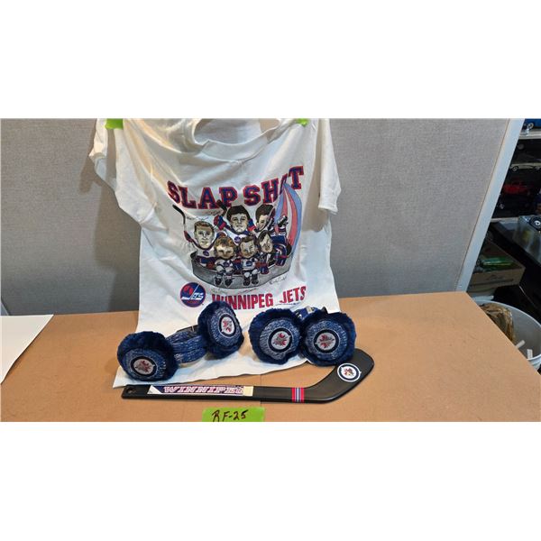 Winnipeg Jets 1980s Slap Shot Medium T Shirt Two New Ear Muffs Mini Hockey Stick