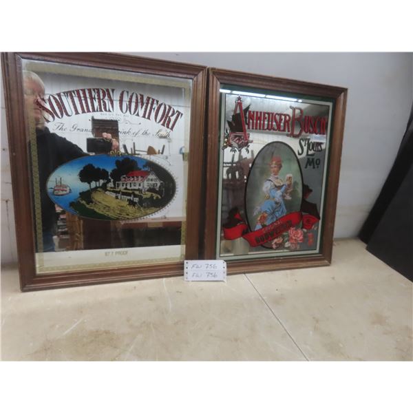 Two Framed Mirror Signs: Southern Comfort and Anheuser-Busch, 20" x 16"