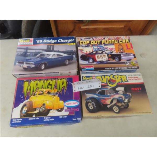 4 Car Models: Plymouth Duster, 1969 Charger, Funster Chevy & Snap Together Manglia