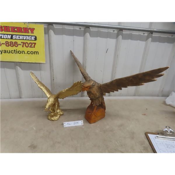 2 Decorative Eagles, Wood Carved 16" x 24" & Gold Coloured 10" x 12"