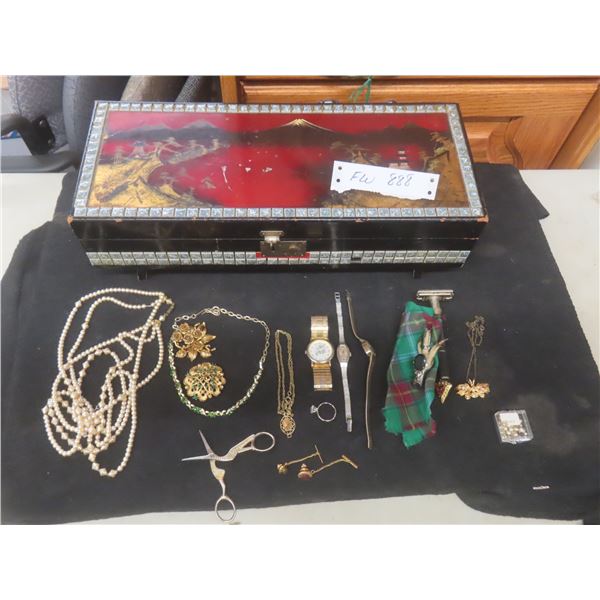 Jewelry Case With Fashion Jewelry: Pearl Necklace, Watches, Brooches, Fancy Scissors, Pin Back Butt