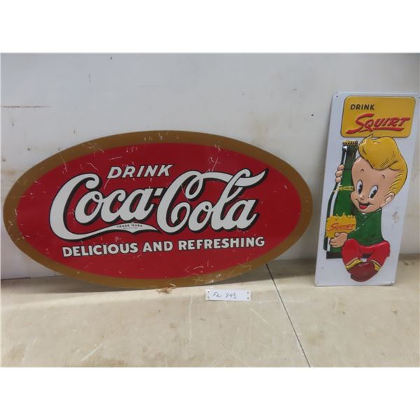 2 Modern Signs: Coca-Cola 15" x 28" & Drink Squirt 18" x 8"