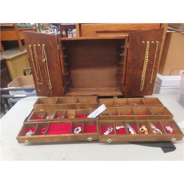 Homemade Wood Jewelry Case With Vintage Brooches, Necklaces, Watches & More 16" x 14 1/2" x 5 1/2"