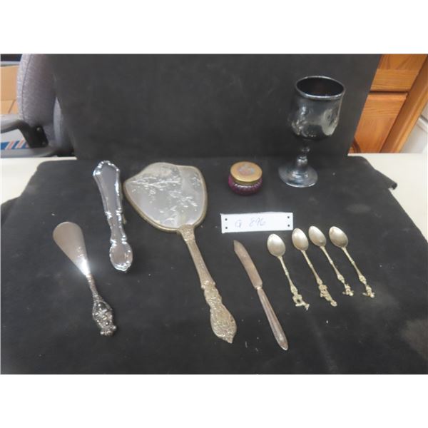 Silver Plated Vanity Mirror, Shoe Horn, Goblet by Murdon B Company, Italian Coffee Spoons & Vintage